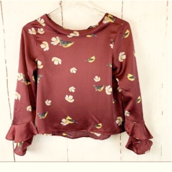 Zara Bird Print Ruffle Sleeve Blouse - Picture 2 of 11